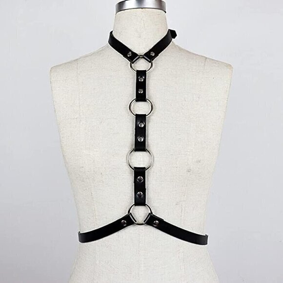 BLACK Leather Waist Shoulder Harness Bra Belt Choker Slave Fetish Bondage NWT - Picture 9 of 9